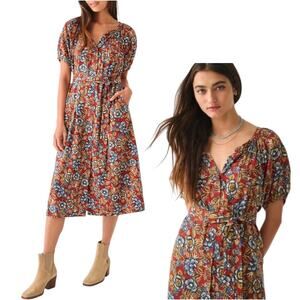 Faherty Carmel Linen Button Down Short Sleeve Midi Dress Red Desert Bloom Medium